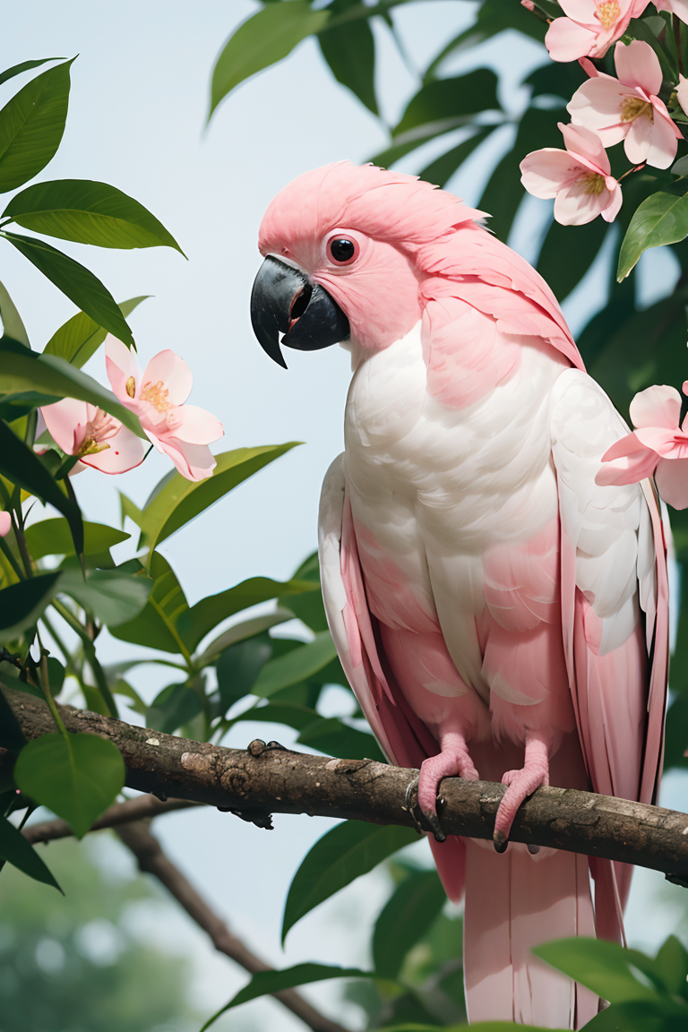 394188-2060157357-RAW photo,Pink and white cest galah cockatoo bird in a tree with green leaves and flowers ,cute big circular reflective eyes, un.png